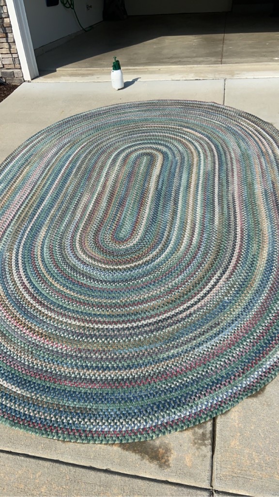 Oval braided area rug laid out for care at a home