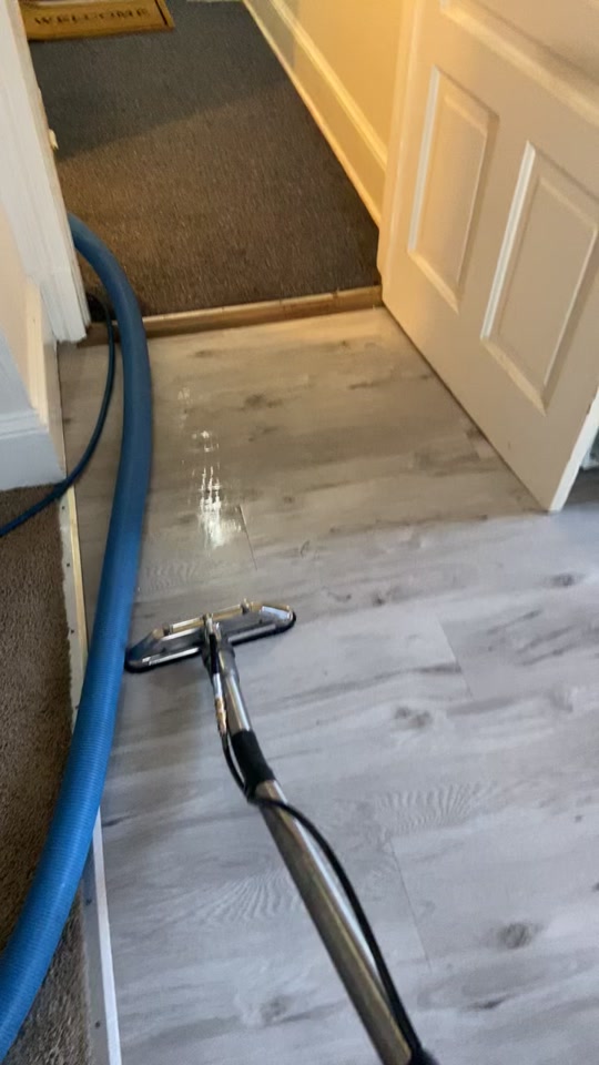 Professional cleaning equipment working on a light vinyl plank floor